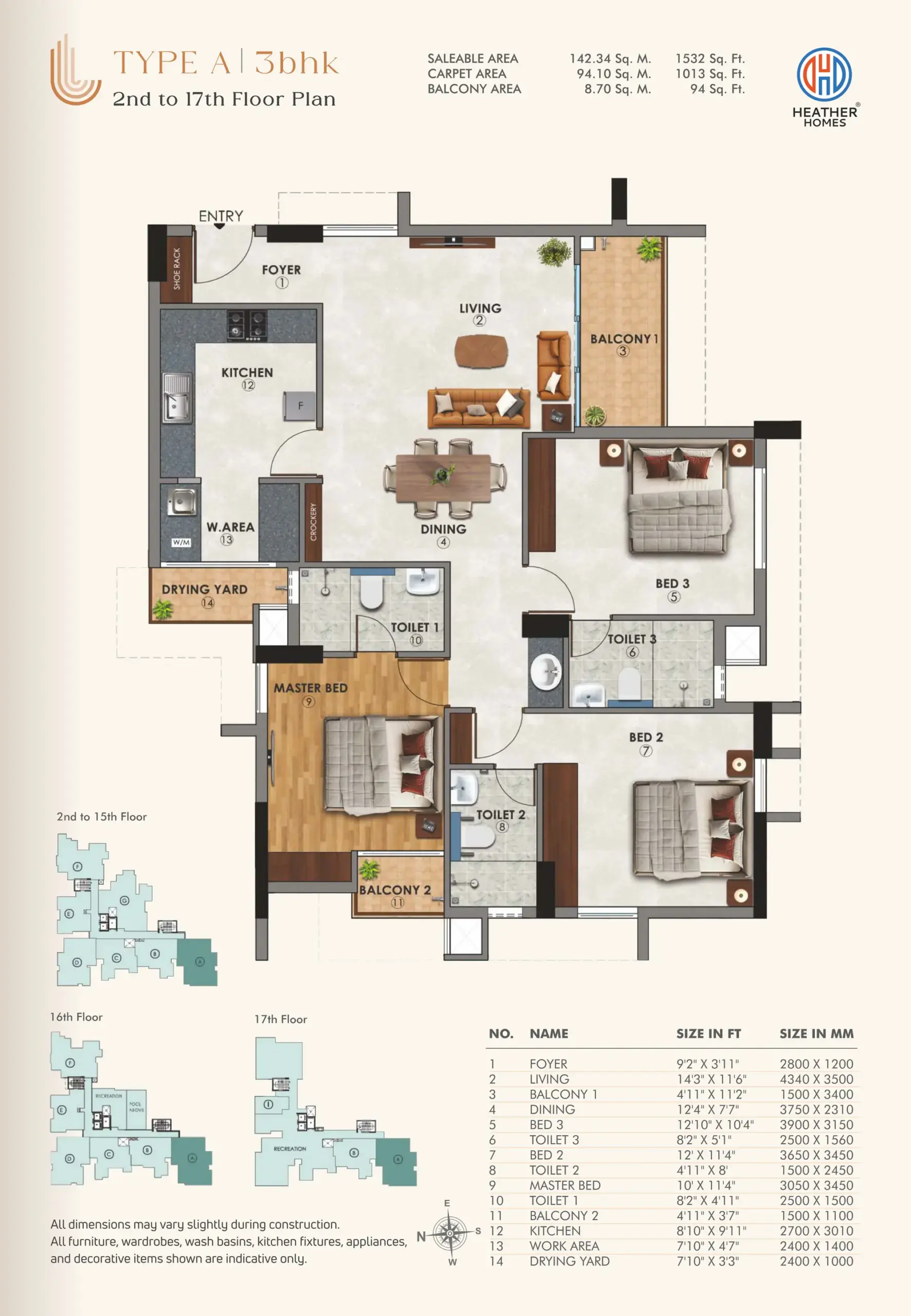 12 - Type A 3BHK - 2nd to 17th Floor