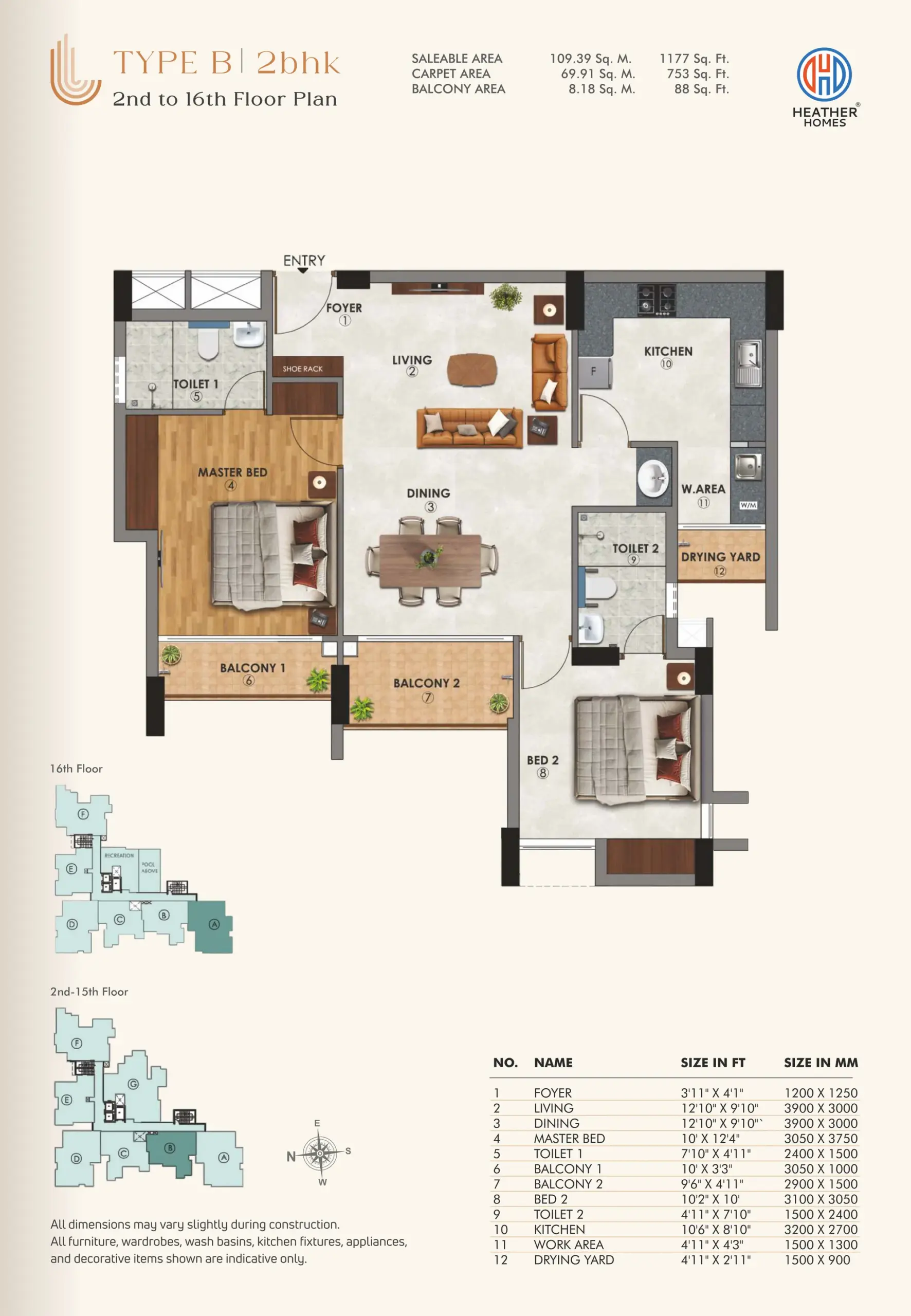 14 - Type B 2BHK - 2nd to 16th Floor