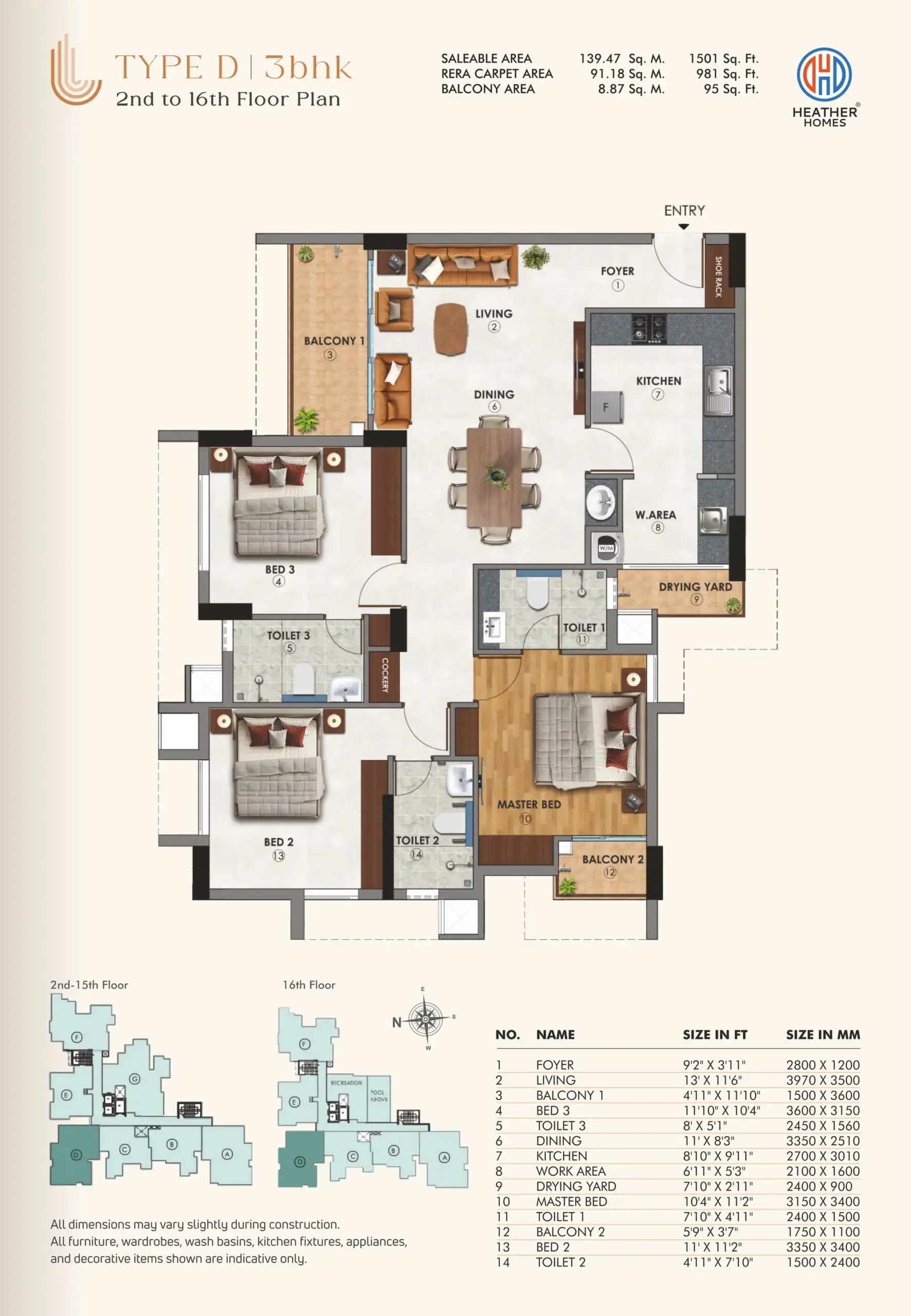 20 - Type D 3BHK - 2nd to 16th Floor