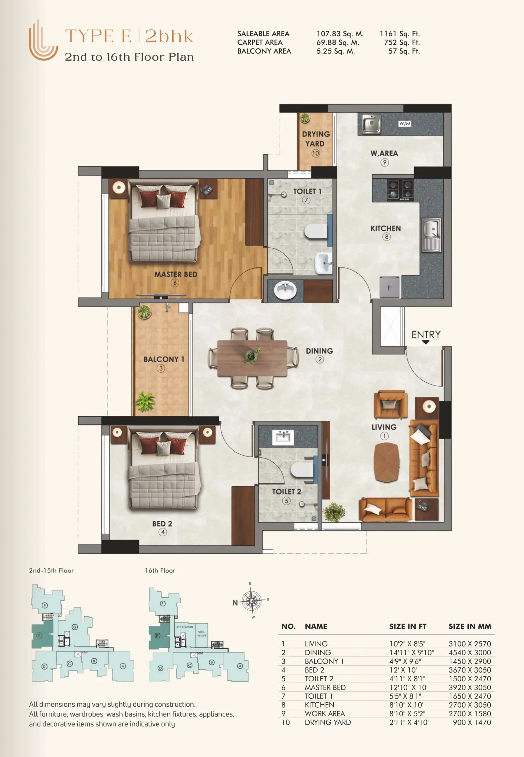 22 - Type E 2BHK - 2nd to 16th Floor
