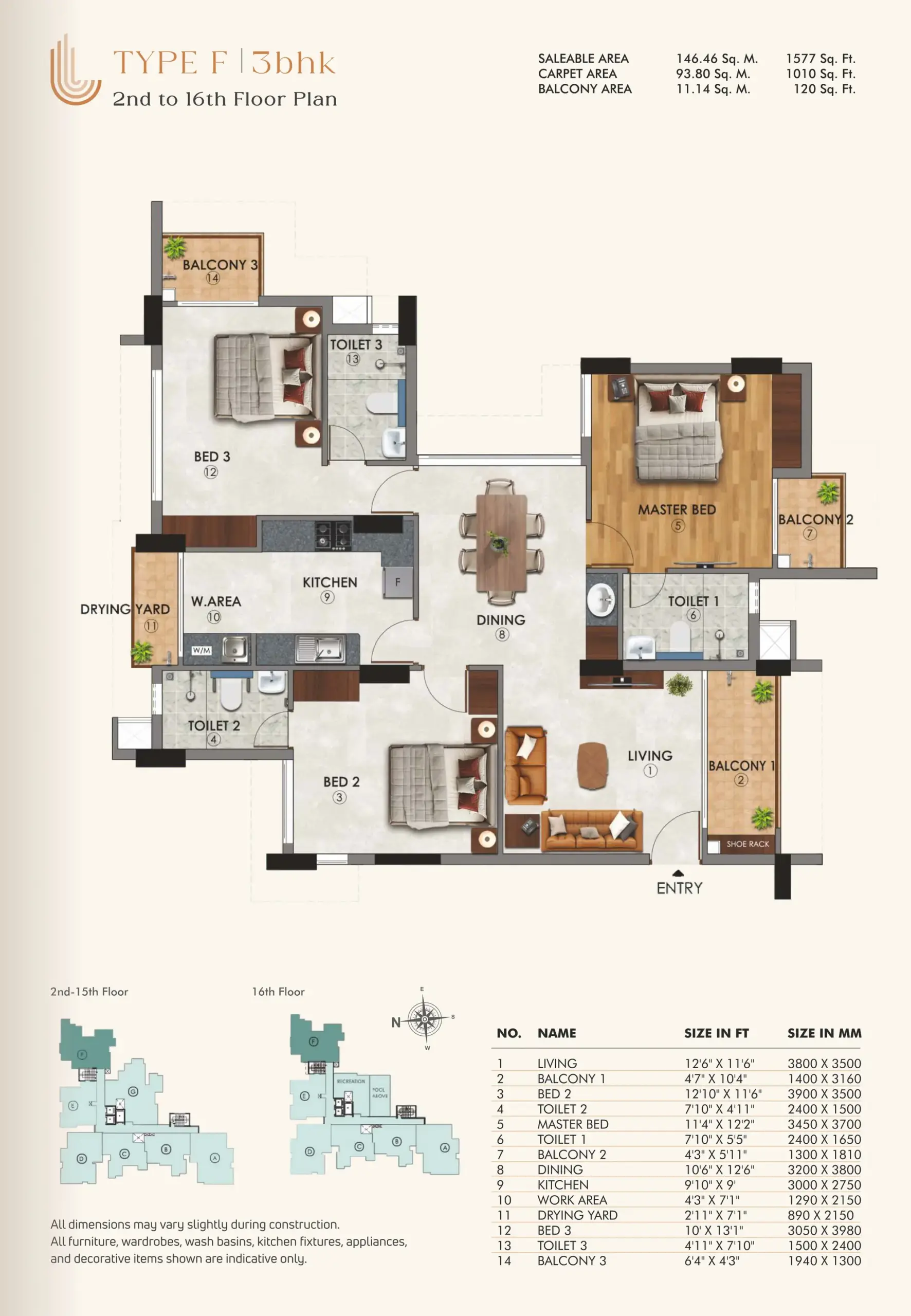 24 - Type F 3BHK - 2nd to 16th Floor