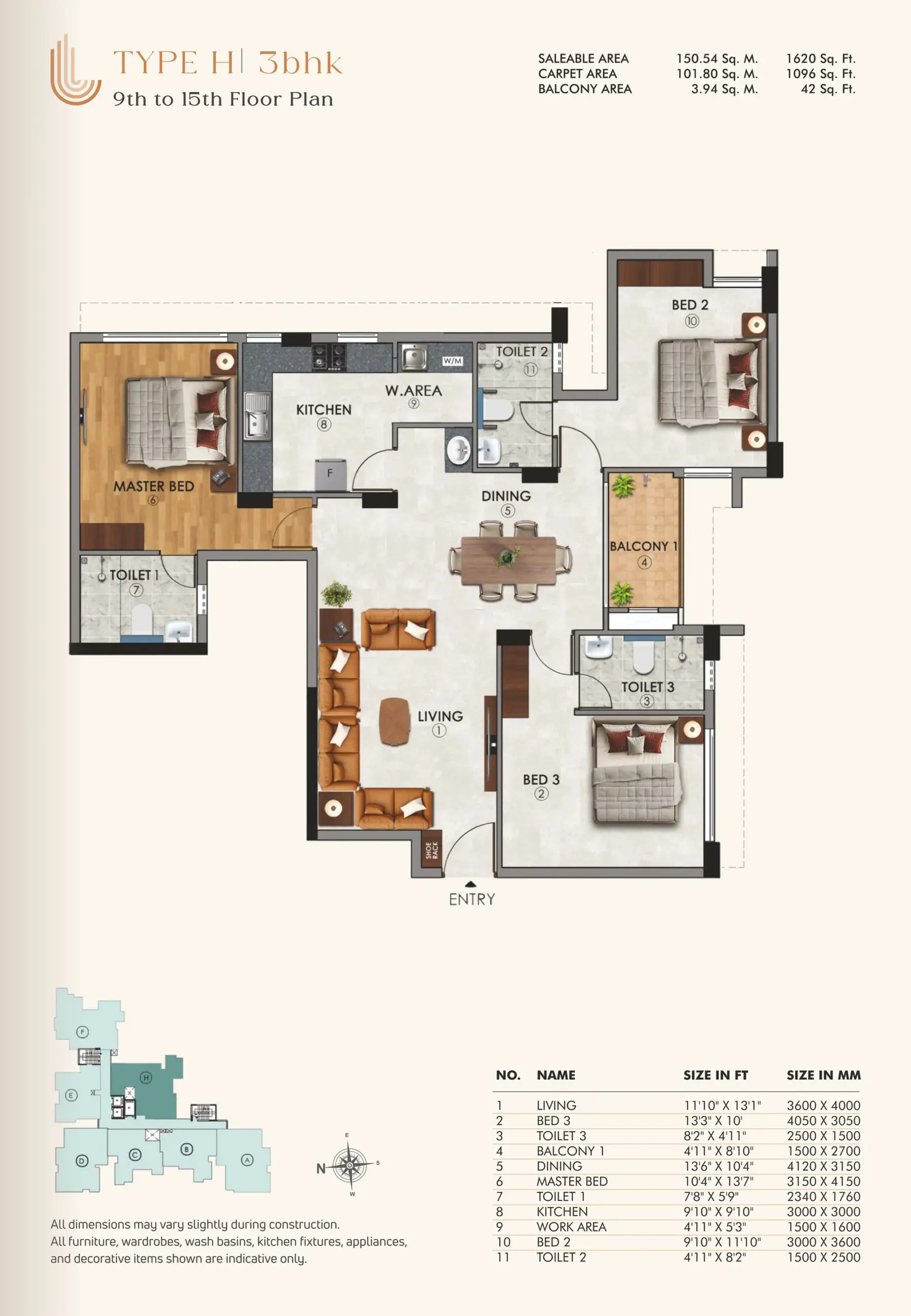 28 - Type H 3BHK - 9th to 15th Floor