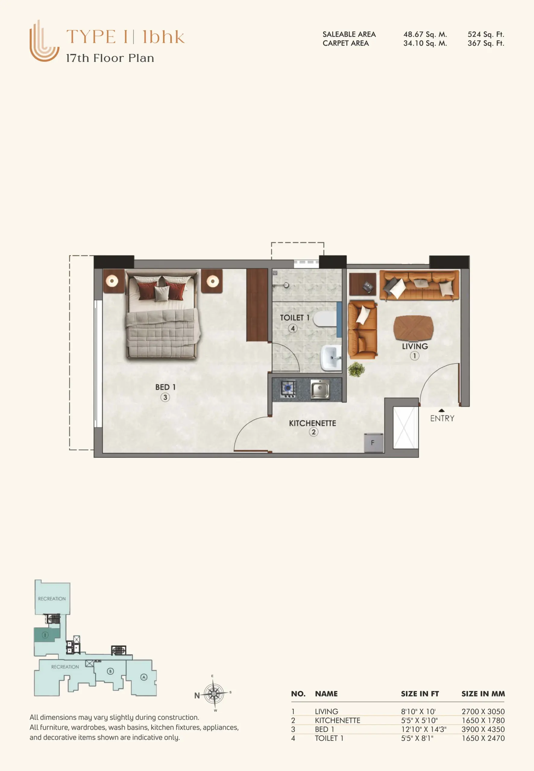 29 - Type I 1BHK - 17th Floor
